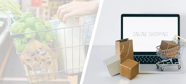 Ein Einkaufskorb im Supermarkt und ein Laptop